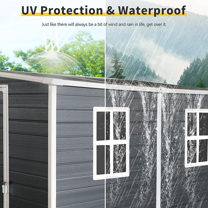 4x8 ft Outdoor Resin Storage Shed with Floor and 2 Windows, Waterproof Plastic Garden Shed with Lockable Door and Air Vents, All-Weather Tool Sheds for Backyard, Patio, Lawn (Black)