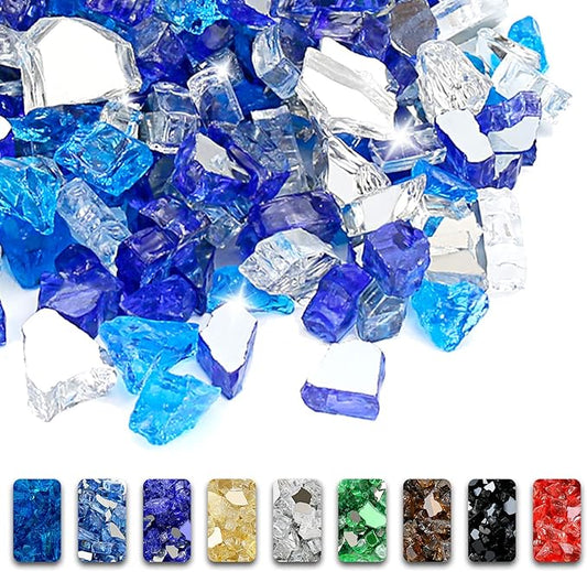 Fire Glass for Fire Pit - 1/2 Inch 10 Pounds High Luster Reflective Tempered Glass Rocks for Natural or Propane Fireplace, Safe for Outdoors and Indoors Bahama Blend Fire Pit Glass