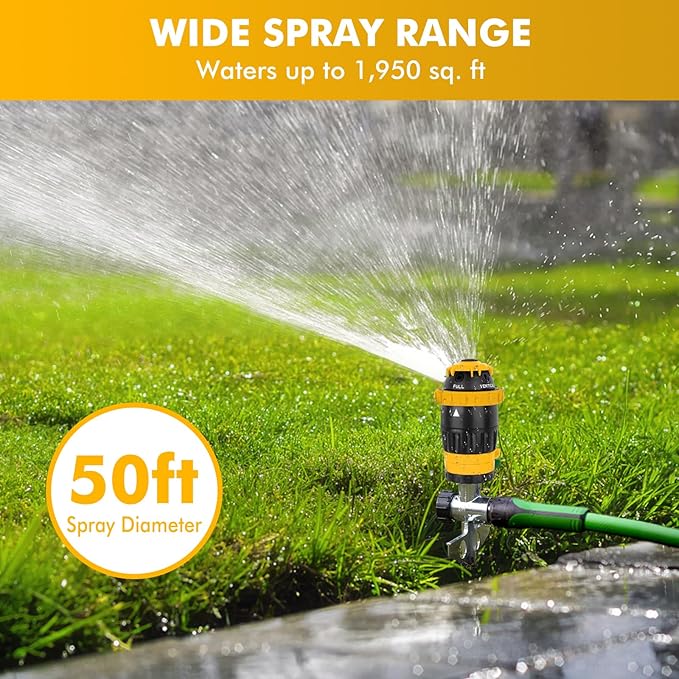 RESTMO Gear Drive Sprinkler with Metal Spike Base, 5-Pattern Heavy Duty Gardening Watering System, Multi-Adjustable Lawn Sprinkle for Garden Plant, Flower Bed and Large Yard Area Watering, Yellow