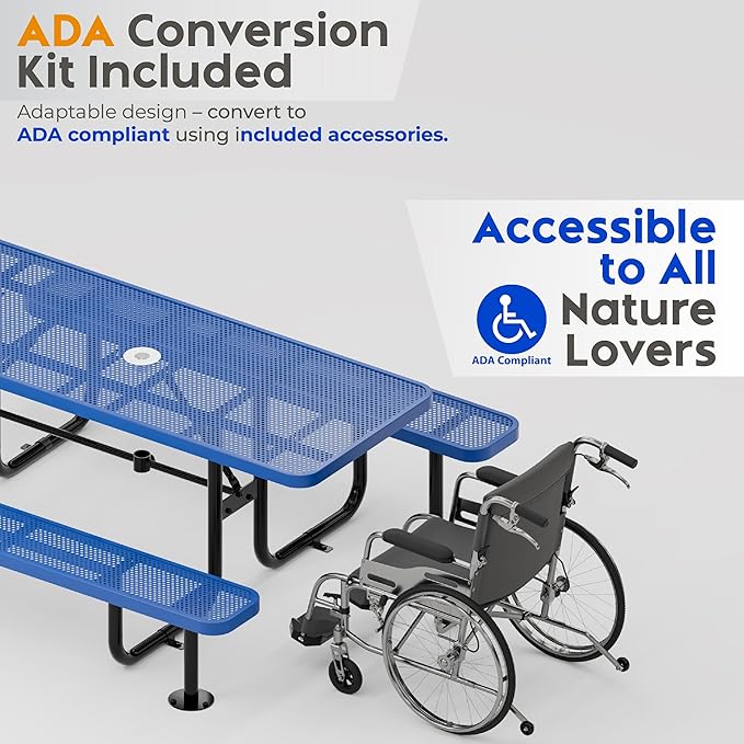 OUTTANS Commercial Heavy-Duty Metal Picnic Table - ADA Compliant, Adjustable Seats, Umbrella Hole (Blue, 8' Rectangular, Punched Steel)