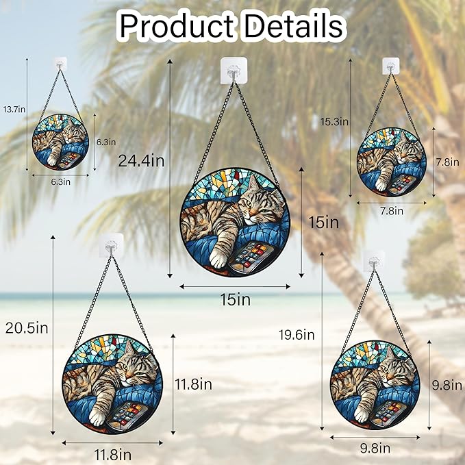 DASTOLL Stained Glass Window Hanging Gray Cat and Remote Control 7.8" - Suncatcher Door Garden Kitchen Sun Catcher Home Decor Birthday for Lost Pets Mom Men Woman Friend Grandma
