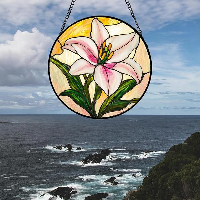 AMDERVEN Stained Glass Window Hanging 4 Pcs Set Lily Rose Sunflower Poppy Large 15" - Flower Suncatcher Door Garden Sun Catcher Decor Birthday Mother's Day for Wife Woman Nana Girl