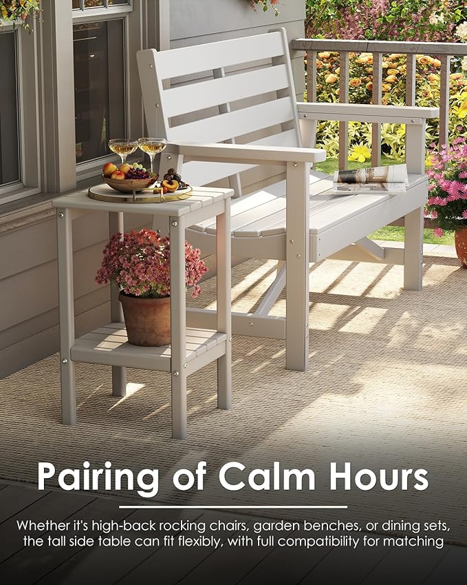 GREENVINES Tall-Outdoor-Side-Table | 23.5" | HDPE Plastic | Patio Adirondack End Tables | All Weather | 2-Tier | White | for Porch Garden Indoor & Rocking Chairs
