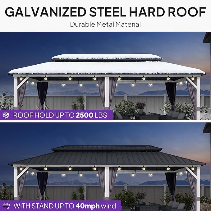 PURPLE LEAF 10' X 20' Outdoor Gazebo Galvanized Steel Double Roof White Aluminum Frame Hardtop Heavy Duty Gazebo with Curtain and Netting for Patio Garden and Backyard, Grey