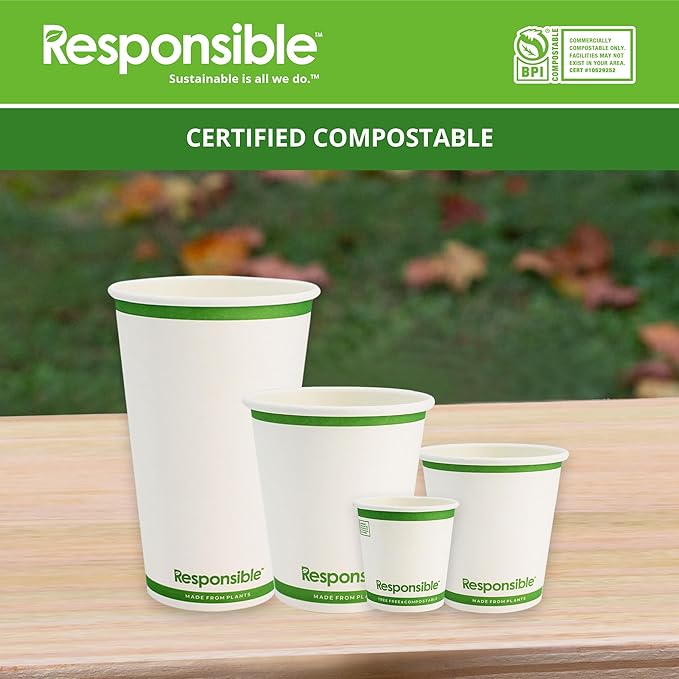 Responsible Products Certified Compostable 8 oz Paper Cups, Cold ＆ Hot Coffee Cups, Disposable Paper Cups, Extra Strength Disposable Cups, Made without PFAS (50 count)