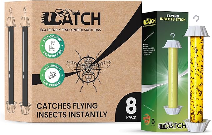 Sticky Fly Trap Indoor & Outdoor Pack of 8 | Hanging Fly Stick for Gnats, Flies, Wasps, Mosquitoes & Other Flying Bugs | Sticky Bug Traps | Home Pest Control | Flying Insect Trap Rolls | Ucatch