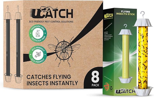 Sticky Fly Trap Indoor & Outdoor Pack of 8 | Hanging Fly Stick for Gnats, Flies, Wasps, Mosquitoes & Other Flying Bugs | Sticky Bug Traps | Home Pest Control | Flying Insect Trap Rolls | Ucatch