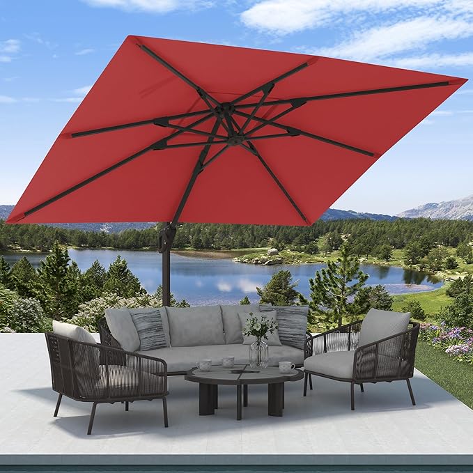 9' X 12' Cantilever Patio Umbrella with Base Included Rectangular Outdoor Large Offset Umbrellas with 7 Tilts Adjustable 360°Rotation for Deck Pool Garden Backyard, Red