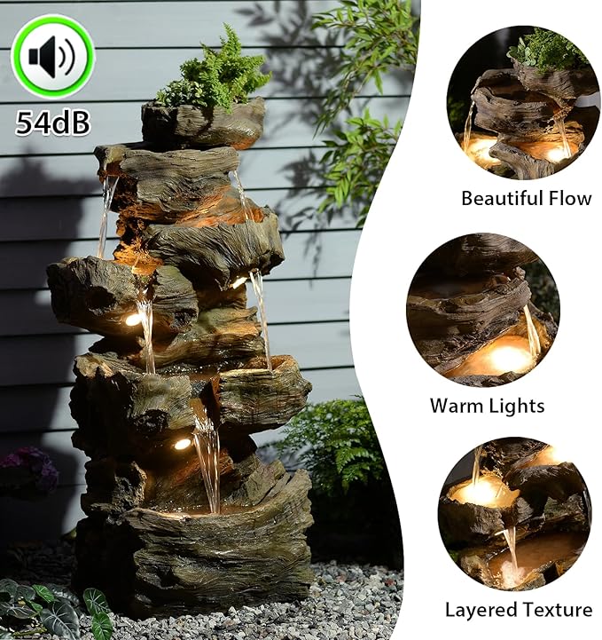 Bumilgar 40.6" H Wood-Like Water Fountain Indoor & Outdoor, 5-Tier Natural Cascading Waterfall with LED Light for Patio, Porch, Garden, Home Decor, Medium Wood