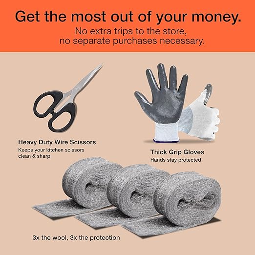 MaPorch Steel Wool Mouse Hole Filler - 3-Pack, 2.5 in x 7.5 ft - Malleable Gap Sealer for Wall Gaps - Hole Sealer for Mice Control at Pipe Openings - DIY Kit with Gloves & Scissors