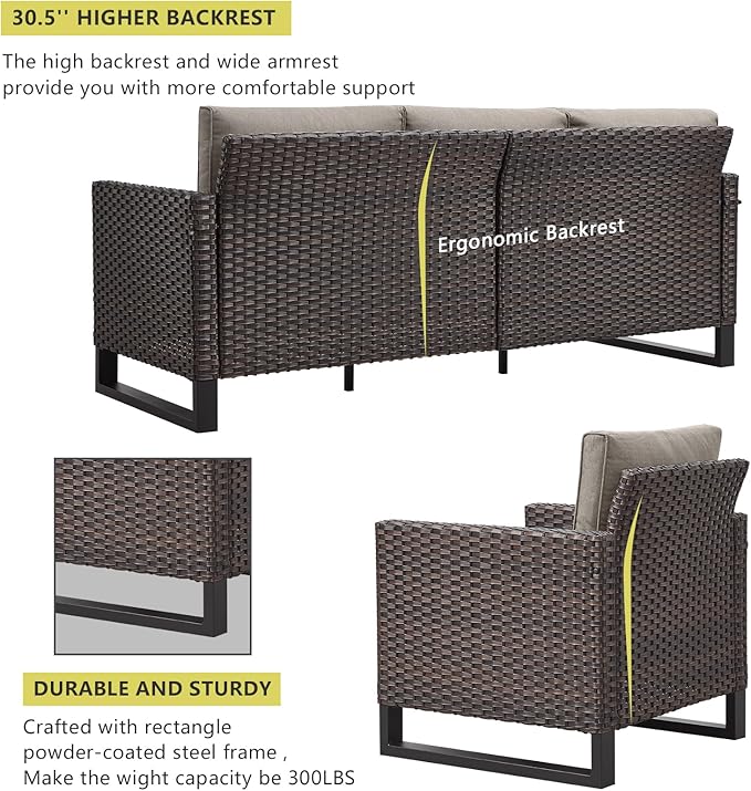 HUMMUH 8 Piece Patio Furniture with Fire Pit,PE Wicker Outdoor Conversation Sets-6-Seater Sofa,Patio Swivel Chairs Outdoor Chairs, Propane Fire Pit,Side Table for Porch,Garden,Backyard(Brown/Grey)