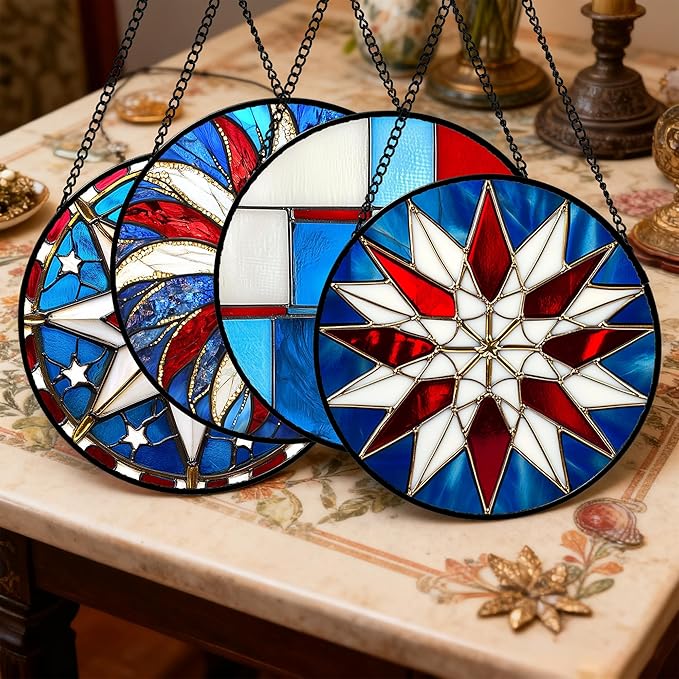 AMDERVEN Stained Glass Window Hanging 4 Pcs Set Abstract Flowers In Red White Blue Large 11.8" - Suncatcher Door Garden Sun Catcher Decor Birthday Mother's Day Xmas Gift for Mom Woman Nana Men Parents