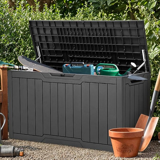 YITAHOME 100 Gallon Resin Deck Box, Weather Resistant Outdoor Storage Box, Lockable Indoor Outdoor Storage for Supplies and Essentials, Dark Gray