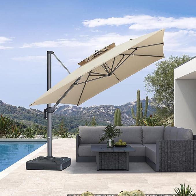 PURPLE LEAF Sunbrella Patio Umbrella 10' X 13' Outdoor Patio Rectangular Double Top Large Heavy Duty 360° Rotation Offset Umbrella for Outside Deck Backyard Garden Pool Spectrum Sand