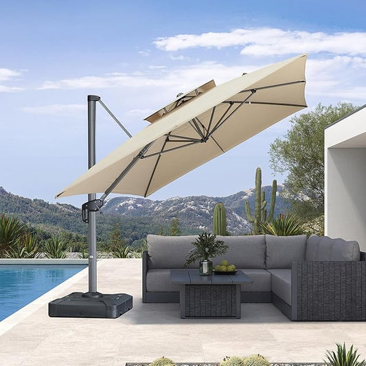PURPLE LEAF Sunbrella Patio Umbrella 10' X 13' Outdoor Patio Rectangular Double Top Large Heavy Duty 360° Rotation Offset Umbrella for Outside Deck Backyard Garden Pool Spectrum Sand