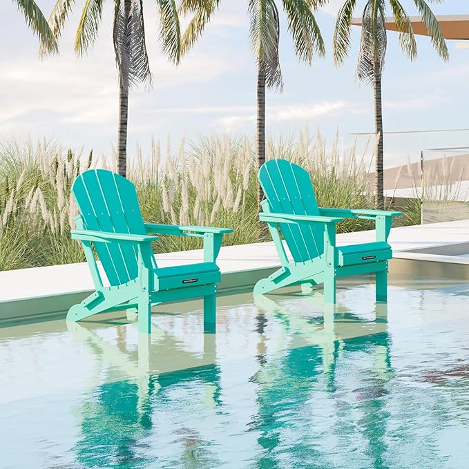 MUCHENGHY Folding Adirondack Chairs 4 Pack, Patio Chairs, Outdoor Chairs, Adirondack Chair Plastic, Fire Pit Chairs, Weather Resistant with Cup Holder for Deck, Backyard, Garden(Lake Blue)