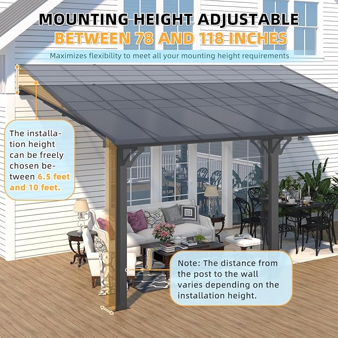 AECOJOY 10' x 16' Adjustable Height Outdoor Lean to Gazebo Pergola for Patio, Large Wall-Mounted 8.1-9.8 Ft Hard Top Metal Heavy Duty Metal Awnings Shelter Pergolas and Gazebos Clearance with Roof