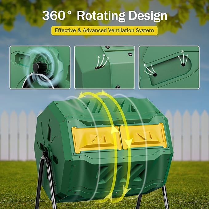 Nouva 43 Gallon Large Composting Tumbler Dual Rotating Chamber Garden Composter Bin Compost Bin with Steel Frame Outdoor Garden Yard,Green