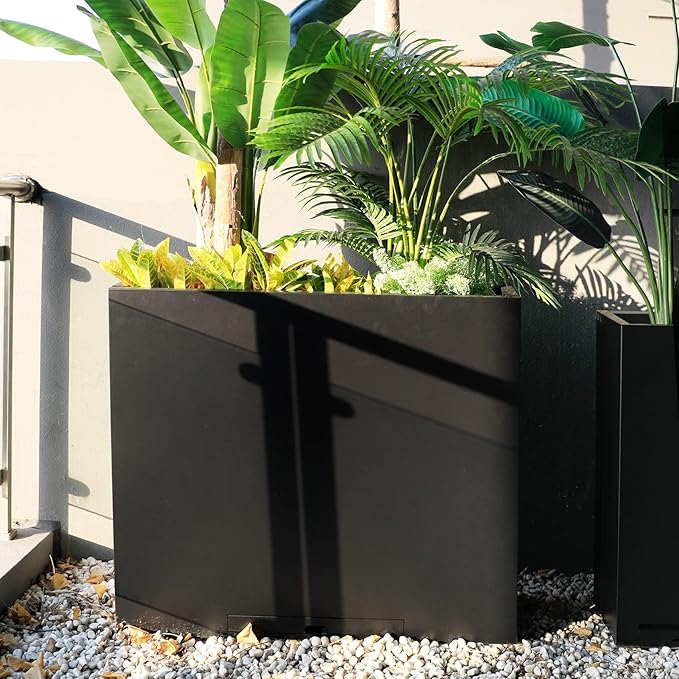 KOL 32" H Metal Steel Rectangular Planter Box Planters for Indoor Outdoor, Tall Heavy Duty Modern Flower Plant Pot with Water Collecting Tray, Black, Commercial Residential (36" L.x11 W.x32 H.)
