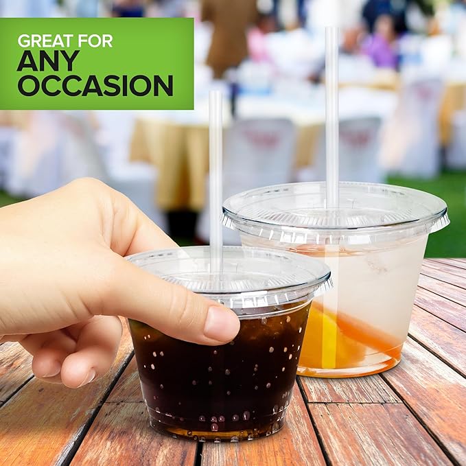 Stock Your Home 9 oz Clear Commercially Compostable Cups with Lids and Straws Set of 400, Eco Friendly Disposable Cups