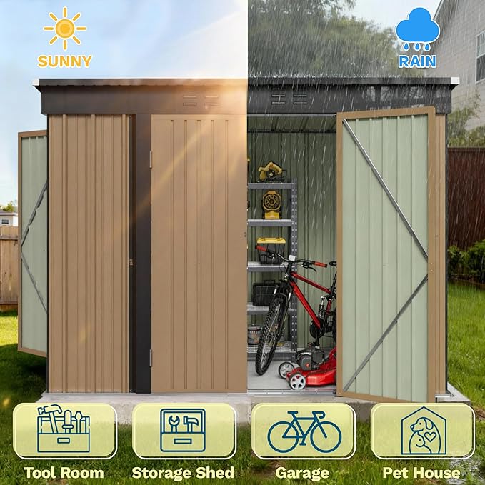 Patiowell 8x4 FT, Outdoor Storage Shed, Heavy Duty Tool Storage Sheds with 3 Lockable Doors and Updated Frame Structure for Backyard Patio Lawn, Brown