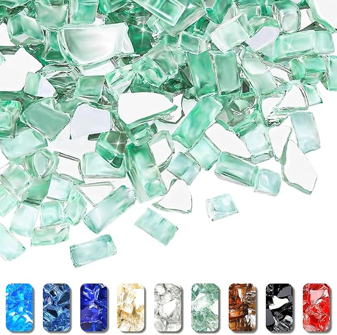 Grisun Green Fire Glass for Fire Pit 10 Pounds - 1/2 Inch High Luster Reflective Tempered Glass Rocks for Natural or Propane Fireplace, Safe for Outdoors and Indoors Firepit Glass