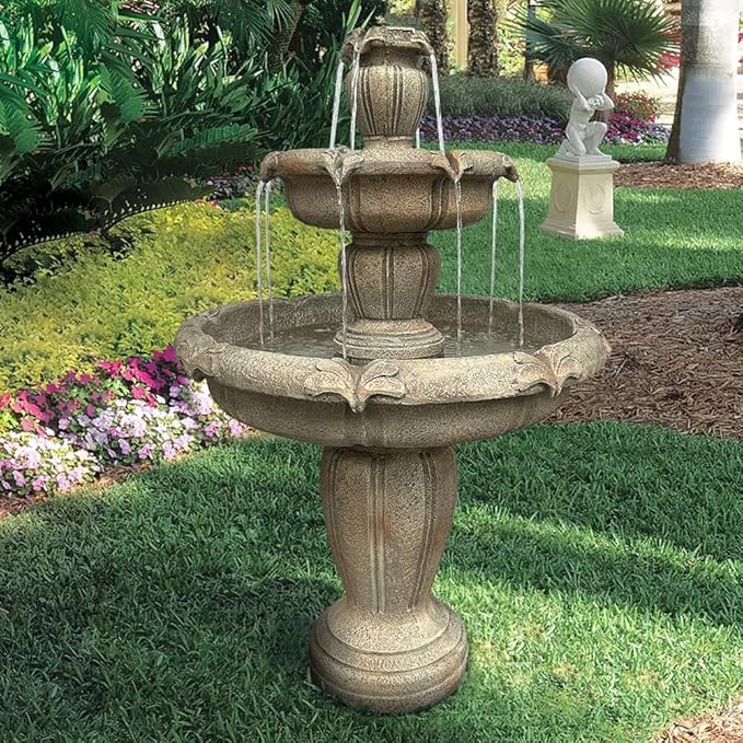 ourrco 48” H Outdoor Floor Water Fountain, 3-Tiers Concrete Water Fountain with Submersible Electric Pump - Garden Cascading Waterfall for Yard Patio Lawn Home Decor