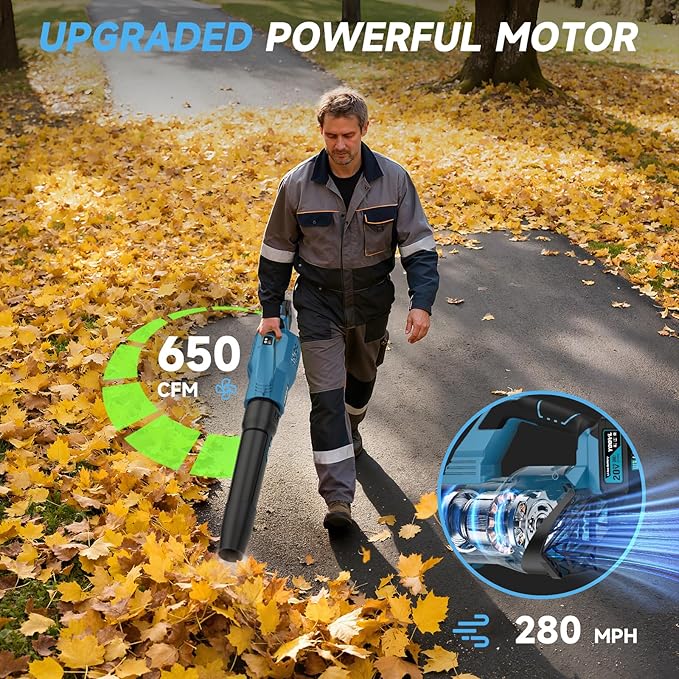 Leaf Blower Cordless, 650CFM Electric Leaf Blowers with 2 x 5.2Ah Batteries and Charger, 3 Speed Modes, 1 x Adjustable Shoulder Strap, Powerful Blowers for Lawn Care, Patio, Dust, Blowing Leaves