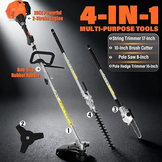 MAXLANDER 26cc Gas Weed Wacker, 4-in-1 Multi Garden Tools, String Trimmer 17", Pole Saw 8", Hedge Trimmer 16", and Brush Cutter Blade 10", with Rubber Handle & Shoulder Strap Included for Yard Care
