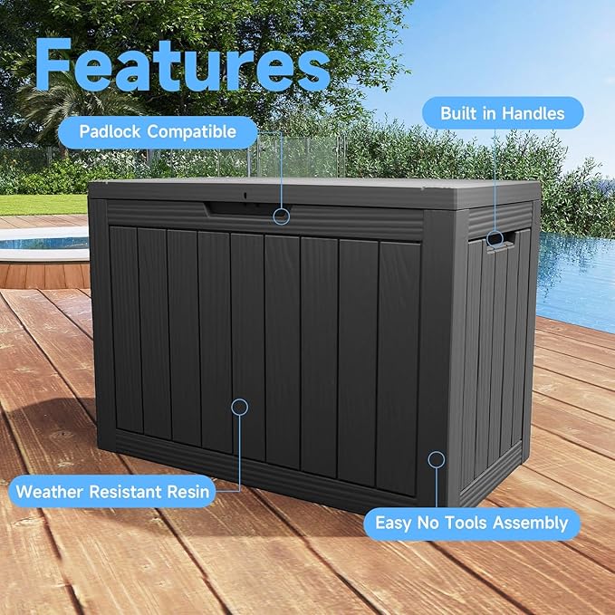45 Gallon Outdoor Storage Box Waterproof,Outside Delivery Package Deck Box with Lockable Lid,Poolside Storage Bin for Garden Tools,Patio Cushion,Black