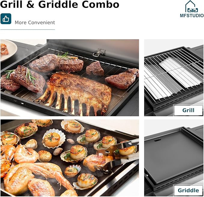 MFSTUDIO 2-Burner Propane Gas BBQ Grill with Cast Iron Griddle Pan, 20,000 BTU Output Small Barbecue Grill for Outdoor, Patio, Backyard and Balcony