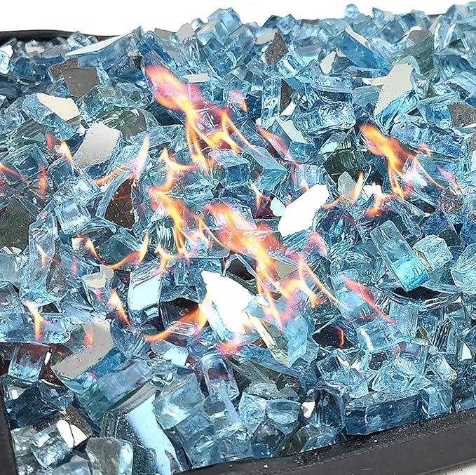Fire Glass for Propane Fire Pit, 1/4 Inch High Reflective Fireplace Glass Rocks for Fire Pit Table, 20 lbs Fire Pit Glass Rocks for Outdoor Fire Table and Landscaping, Aqua Blue