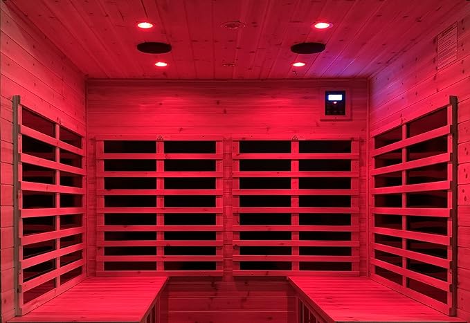 LTCCDSS Mahogany Outdoor Sauna 4 Person, Low EMF Far Infrared Sauna for Home, Withstand Outdoor Temp -10℉-149℉| 12 Low EMF Boards-Chromotherapy-Bluetooth Speakers (68.1 * 52.4 * 82.7 inch)
