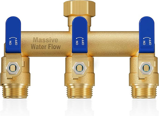 3 Way Hose Splitter, Heavy Duty Full Flow Garden Water Hose Bib Spigot Splitter, Brass Rust and Freeze Resistant Outdoor Faucet Splitter, T Adapter Connector with 3/4 - Inch GHT Thread （Blue）