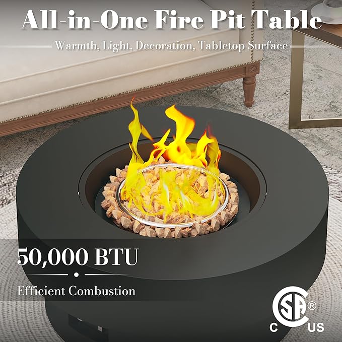 32.5 Inch Propane Fire Pit Table, 50,000 BTU Round Patio Fire Pit Table Outdoor, CSA Certified, Stainless Burner with Steel Lid, Waterproof Cover & Lava Rocks, for Backyard Garden, Black