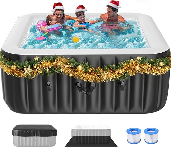 4-6 Person Square Inflatable Hot Tub, Blow Up Portable Hot Tub, Leak-Proof PVC Outdoor Spa with 130 Strong Air Jets, Heater Pump and Insulated Cover