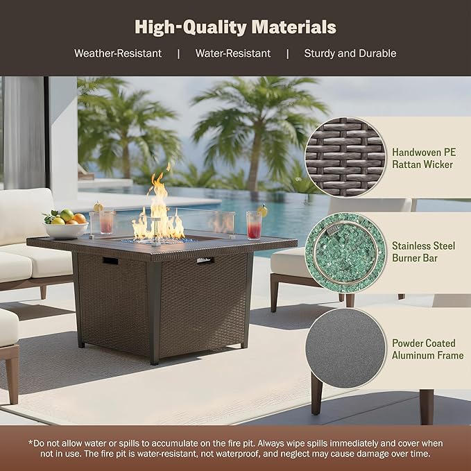 Kinger Home Ethan Rattan 42-Inch Propane Gas Fire Pit Table, Outdoor Patio Firepit, 50,000 BTU, CSA Certified, Includes Wind Guard & Fire Glass