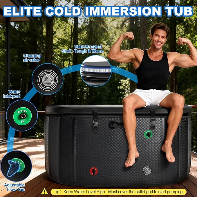 Cold Plunge Tub, 248 Gallon, 1 Horsepower, Heavy-Duty Ice Bath Tub for Athletes with Hot & Cold, Portable Inflatable Plunge Chiller with Water Treatment Kit, Immersion Therapy, WiFi (Black, 1 Set)