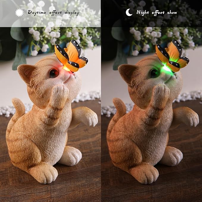 halp·ssfm Solar Garden Statue Cute Cat Figurine Fun Color Changing LED Butterfly Light Outdoor Decor Waterproof Resin Sculpture Patio Lawn Art Housewarming Gifts for Cat Lovers Women