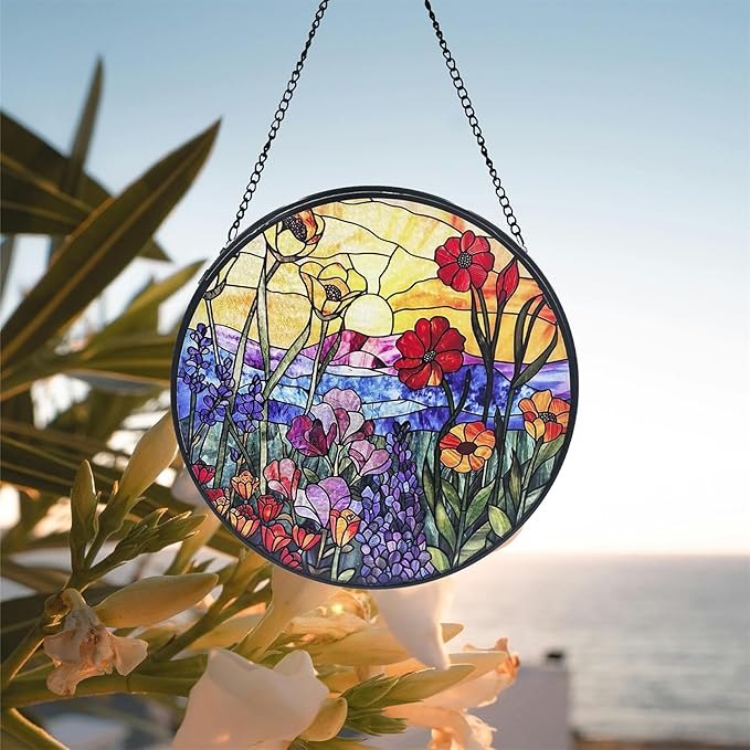 Stained Glass Sun Catcher,Wild FlowersStained Glass Window Hanging Garden Decor,Sun Catchers Indoor Window,Whimsical Decoration for Home Backyard Patio Lawn Porch with 9.8 INCH