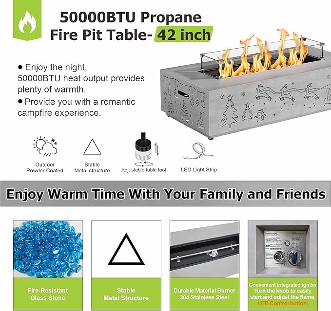 Dineli Propane Fire Pit Table 42 Inch Gas Fire Pits & Outdoor Fireplaces w LED, Tabletop Fire Pit Firepits for Outside Patio, 50,000 BTU (Light Gray, Christmas Pattern with RGB Light)