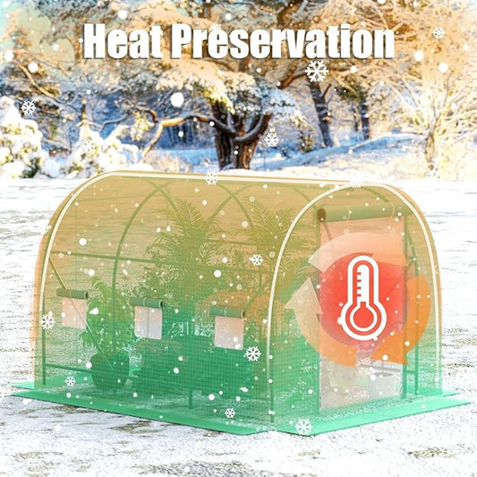 Greenhouse with Watering System, 10x7x7 Outdoor Greenhouse with 6 Mesh Windows and 1 Door, Easy Water and Irrigate Plants Green House (Green, 10x7x7 ft w/ Irrigation System)