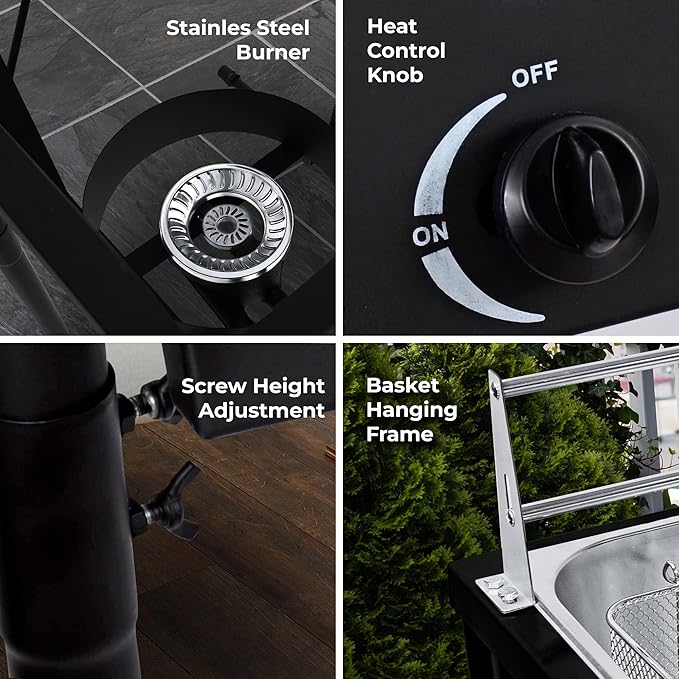 Cast Iron Black Deep Fryer | Two Tank Outdoor Propane Deep Fryer With 2 Stainless Steel Baskets & Lids | Adjustable Temperature Gas Fryer With Regulating Knobs | Large Oil Tanks Capacity