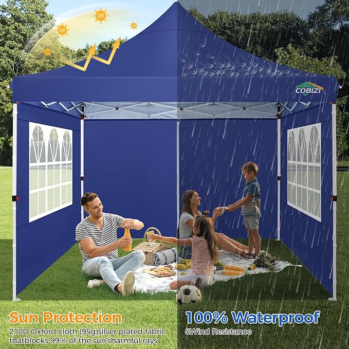 COBIZI 10x10ft Pop Up Canopy with 4 Removable Sidewalls, Easy Up Commercial Gazebos, Waterproof and UV50+ Gazebo with Portable Bag, Adjustable Leg Heights, Tents for Parties, with 4 sandbags