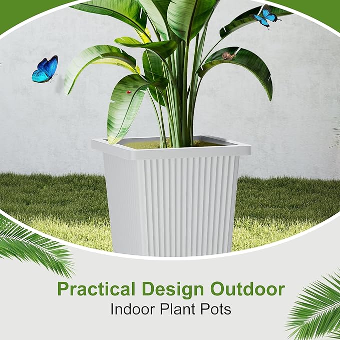 24" Tall Planters for Outdoor Plants, Set of 2 Large Outdoor Planters for Front Porch Decor with Drainage Hole, Front Porch Decor (Stripes-White)