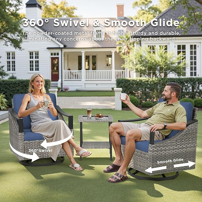 Wicker Outdoor Patio Furniture Set - 9 Pieces Patio Conversation Sets with Wicker Swivel Rocker Chairs, Deep Seat Sectional Sofa with Thick Cushions Ottomans for Porch Balcony Deck Gray/Blue
