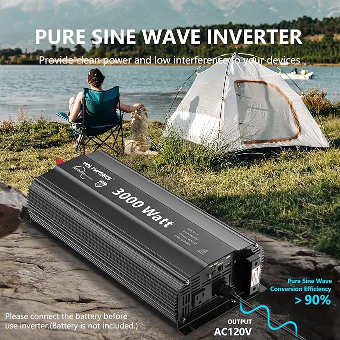 3000 Watt Pure Sine Wave Inverter 12V DC to 110V 120V AC with UL Fuses 3000W Power Inverter for Home RV Truck Off-Grid Solar with AC Hardwire 30A Compatible with Lithium Battery VOLTWORKS