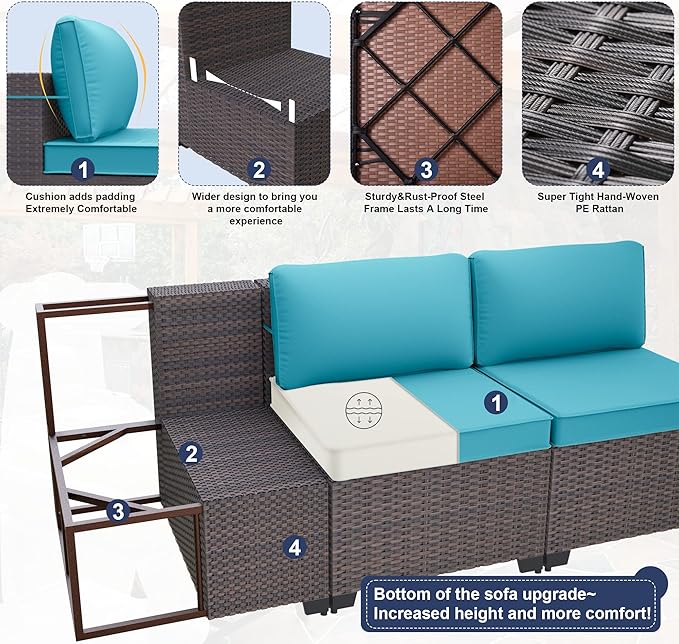 Kurapika 14 Pieces Patio Furniture Set, Rattan Wicker Outdoor Conversation Sets w/4 Inch Cushion and Glass Coffee Table(Blue)