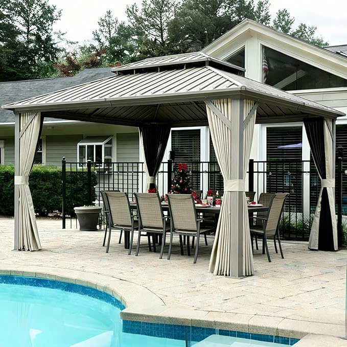 PURPLE LEAF 12' x 16' Outdoor Hardtop Gazebo, Champagne Aluminum Gazebo with Galvanized Steel Double Roof, Curtains and Netting for Patio Lawn and Garden