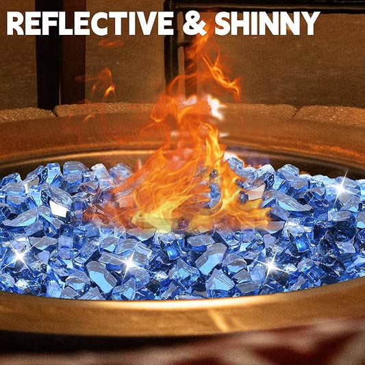 Blue Fire Pit Glass, 10 Pounds High Luster Reflective Tempered Glass Rocks for FirePit Table, Propane Fireplaces, Fire Bowls, 1/2 Inch